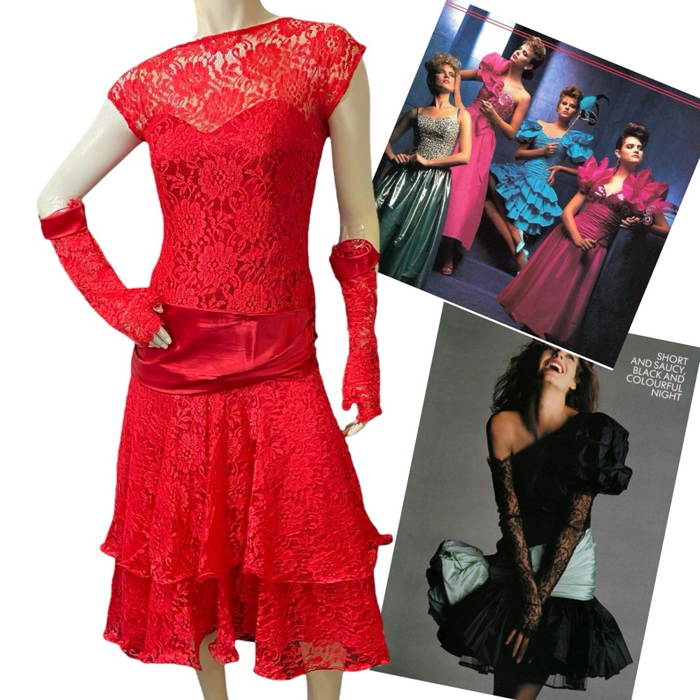 80s prom dress VINTAGE 1980s } Red lace satin midi prom party dress S M